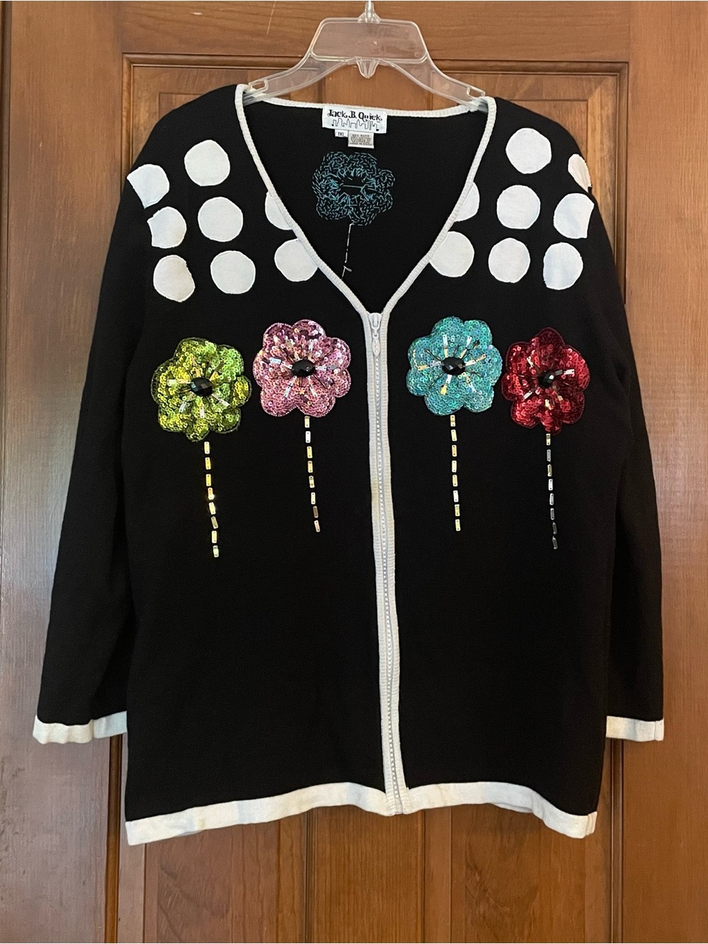 Vintage Jack B. Quick Black Zip-Front Cardigan Sequined Floral Appliqué Size 1XL